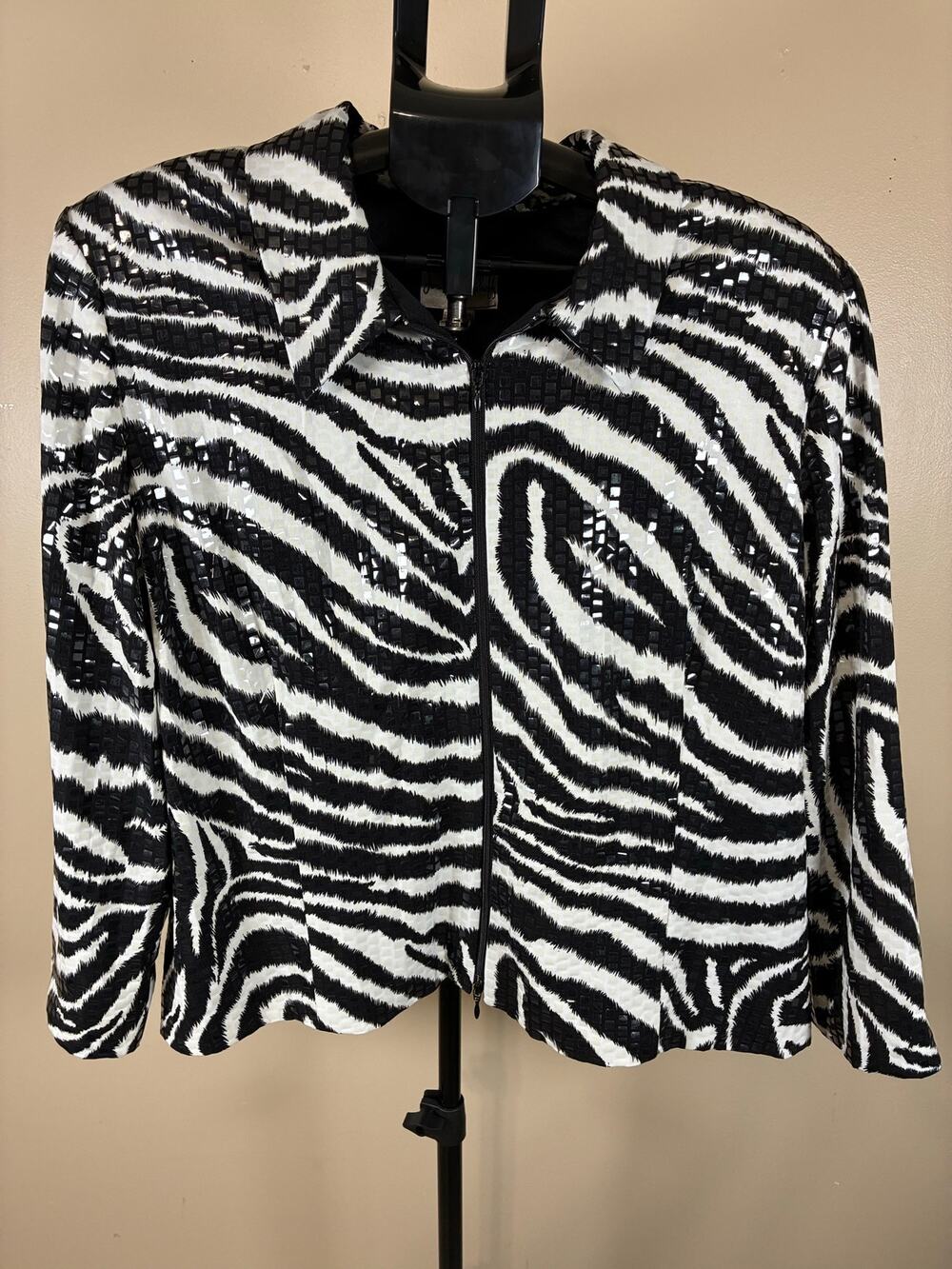 Joseph Ribkoff Vintage Zebra Print Textured Sequin Zip Front Jacket Size 20